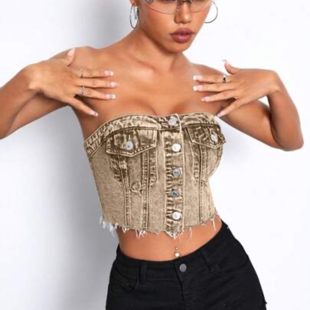 SHEIN Petites Raw Hem Button Front Denim Strapless Tube Top Tan Size Small
